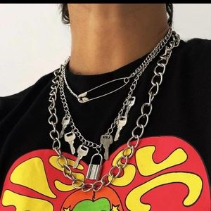 New!! 3Pc Lock & Key Chain Necklace